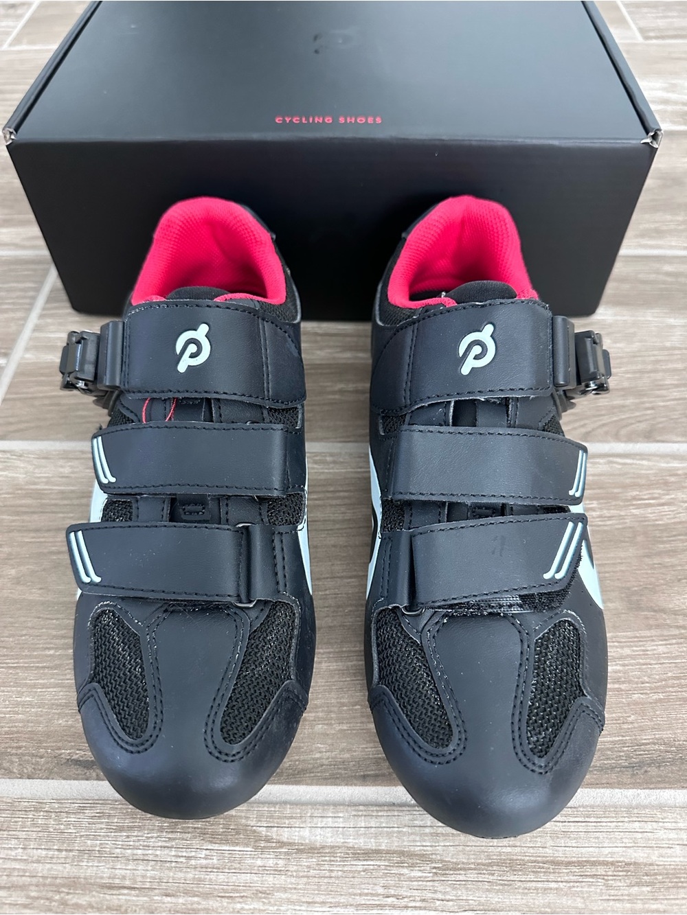 Peloton Black Cycling Shoes with Pink Liner and Light Blue Accents